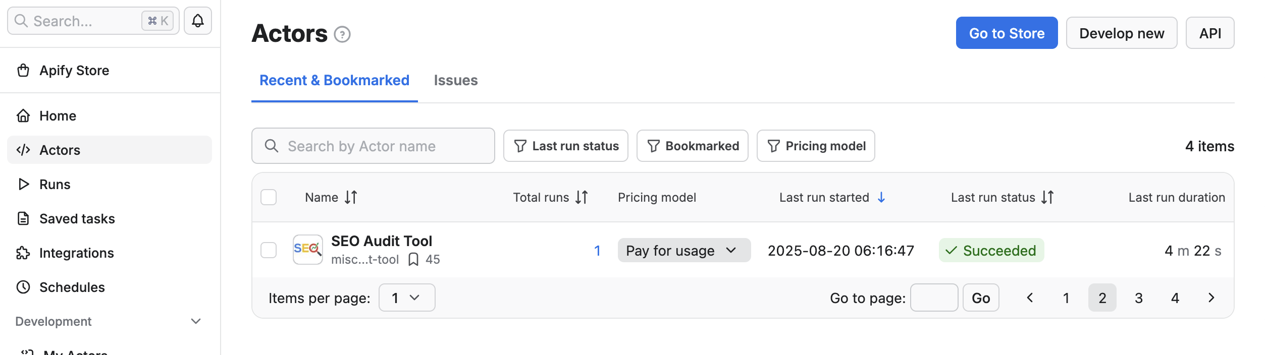 The "Actors" tab on the Apify platform